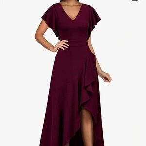 Miusol Burgundy Ruffle Sleeve Midi Dress Women Large Cocktail Wedding Formal